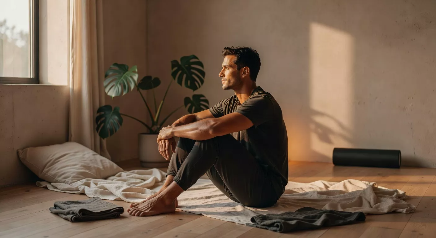 Persona en reposo activo después de entrenar, ambiente sereno y moderno