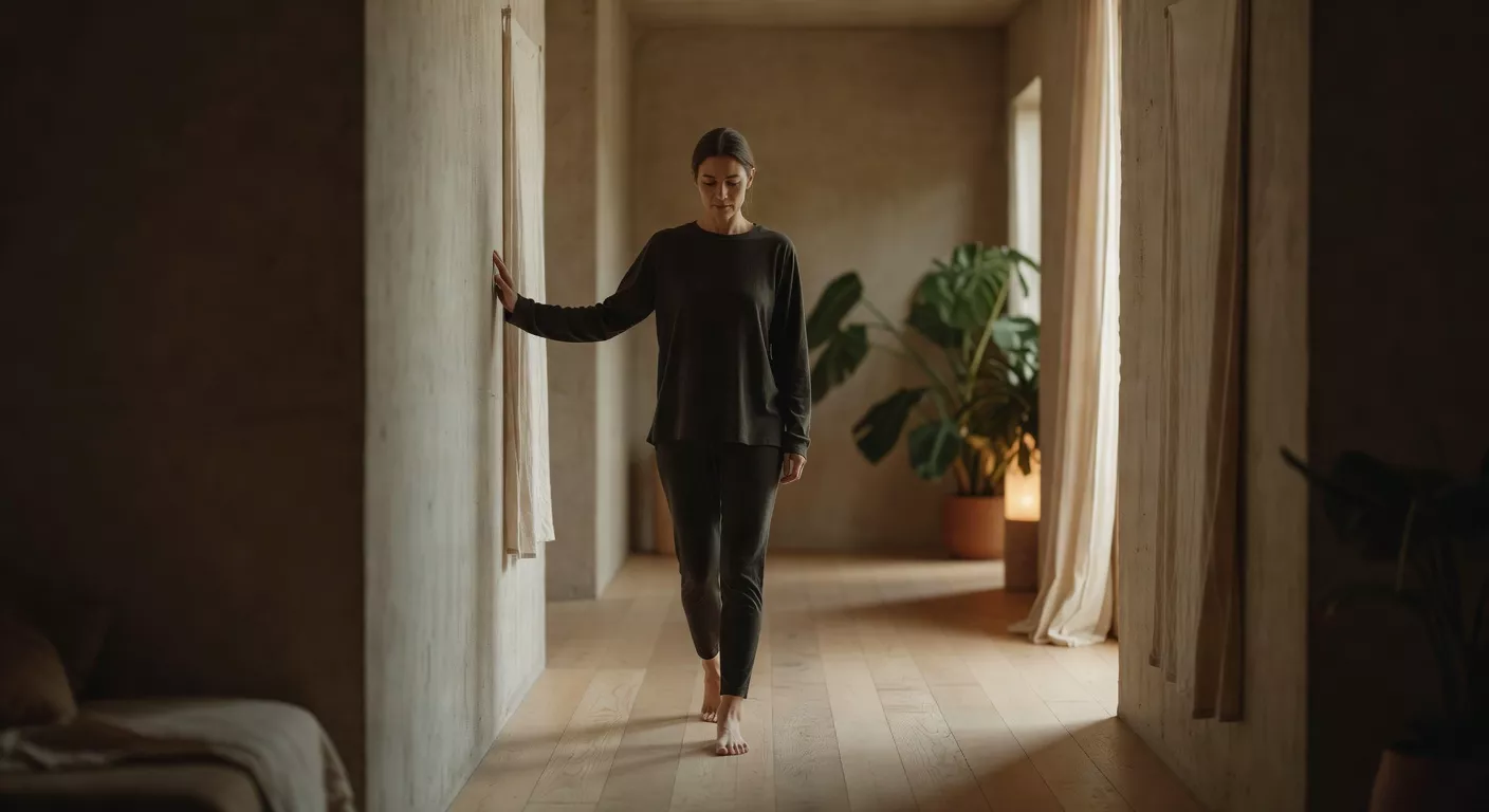 Persona realizando movilidad articular suave en un espacio luminoso y minimalista