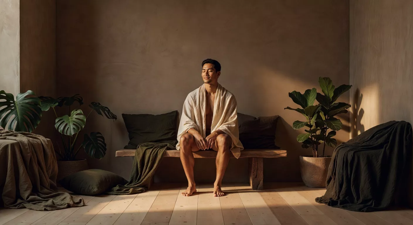 Persona en reposo después de una sesión de sauna con iluminación cálida lateral