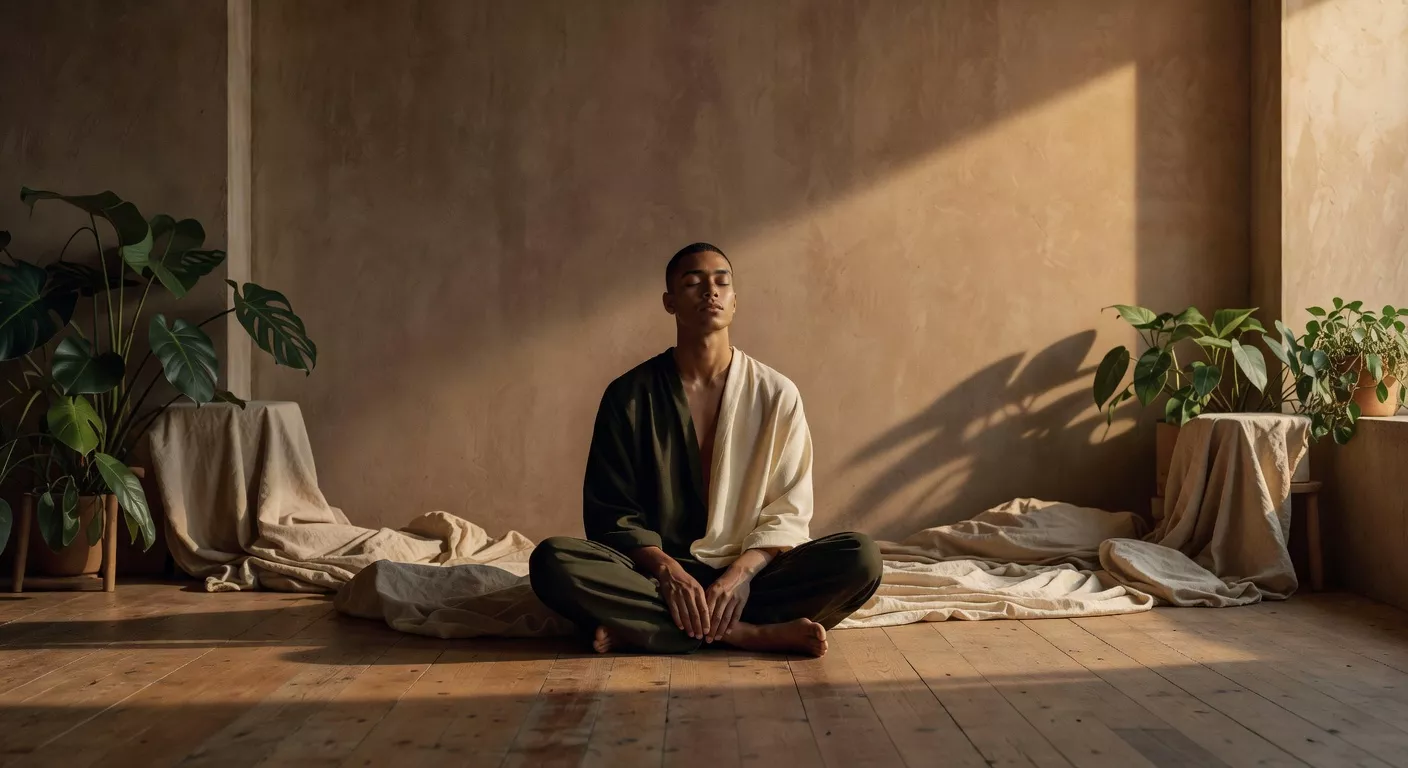 Persona relajada en un sauna con iluminación cálida y vapor suave