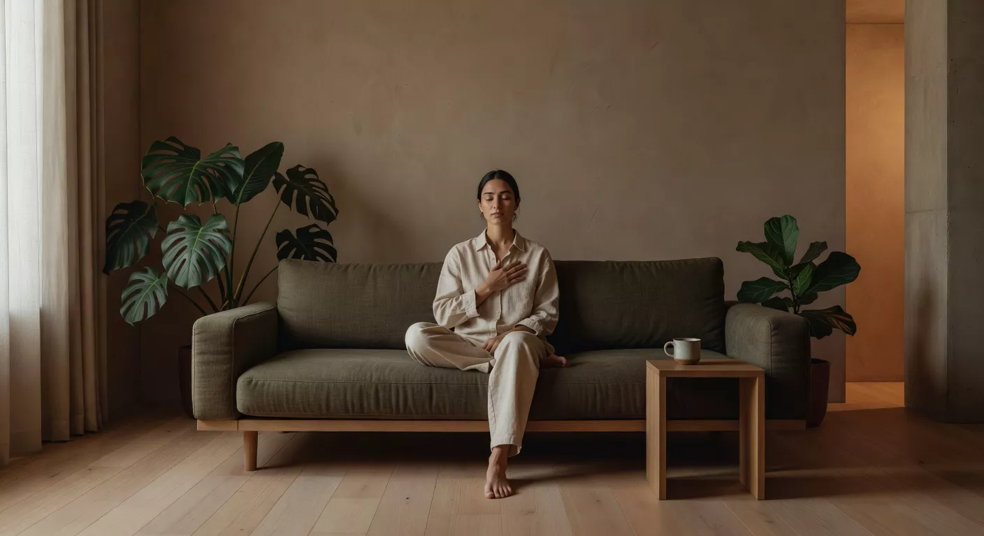 Persona sentada en un sauna finlandés de madera con iluminación cálida y ambiente sereno