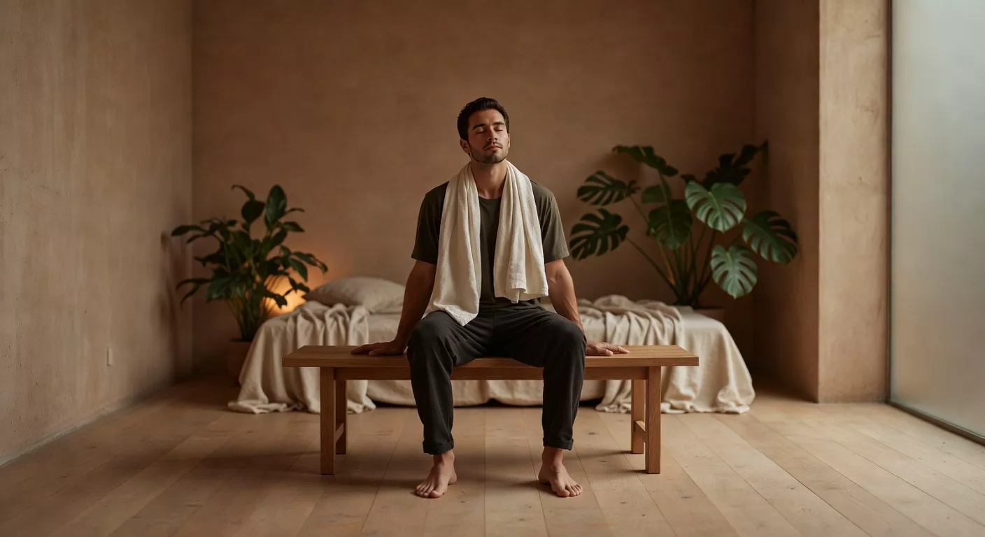 Persona en reposo después de entrenar en un interior cálido con luz natural