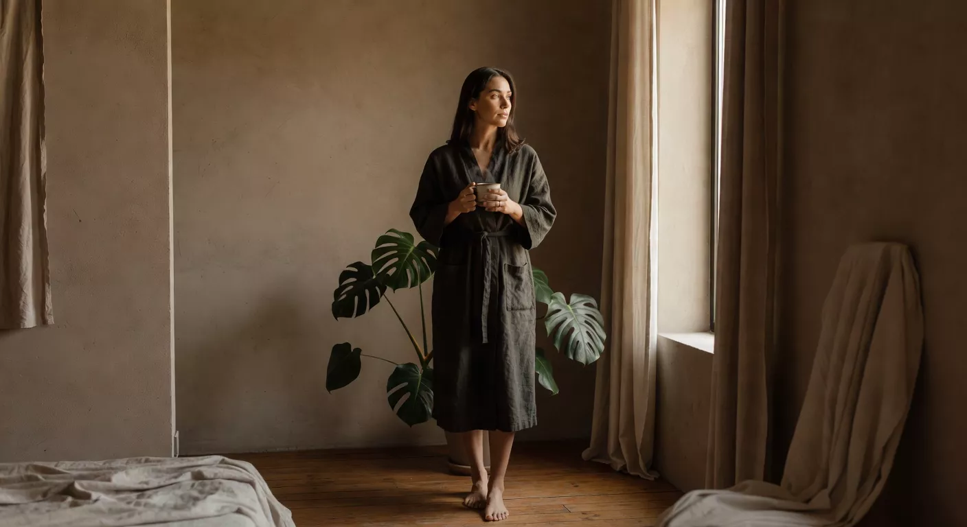 Persona relajada en un espacio luminoso con materiales naturales y plantas