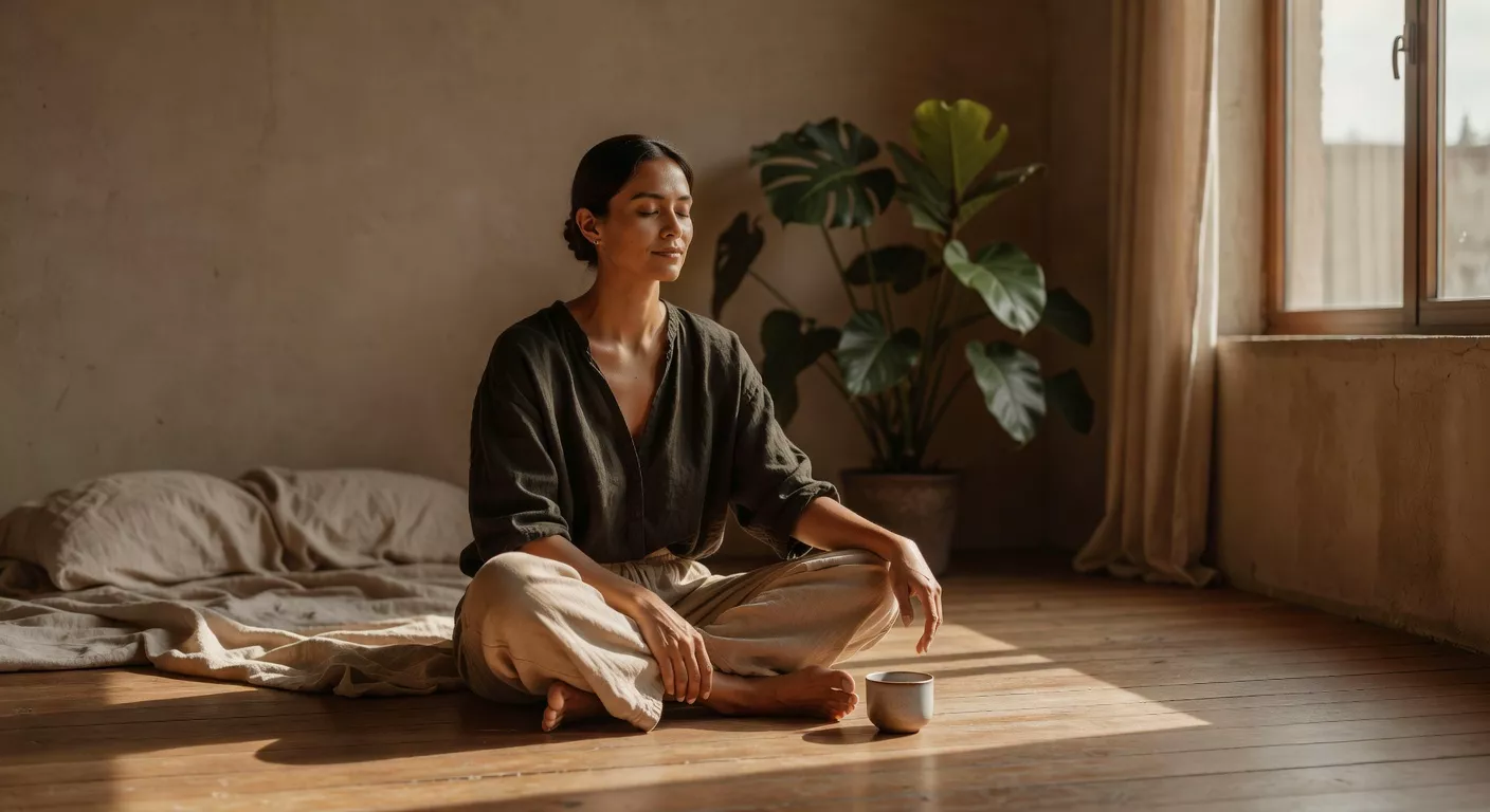 Persona en un espacio luminoso con materiales naturales disfrutando un momento de calma