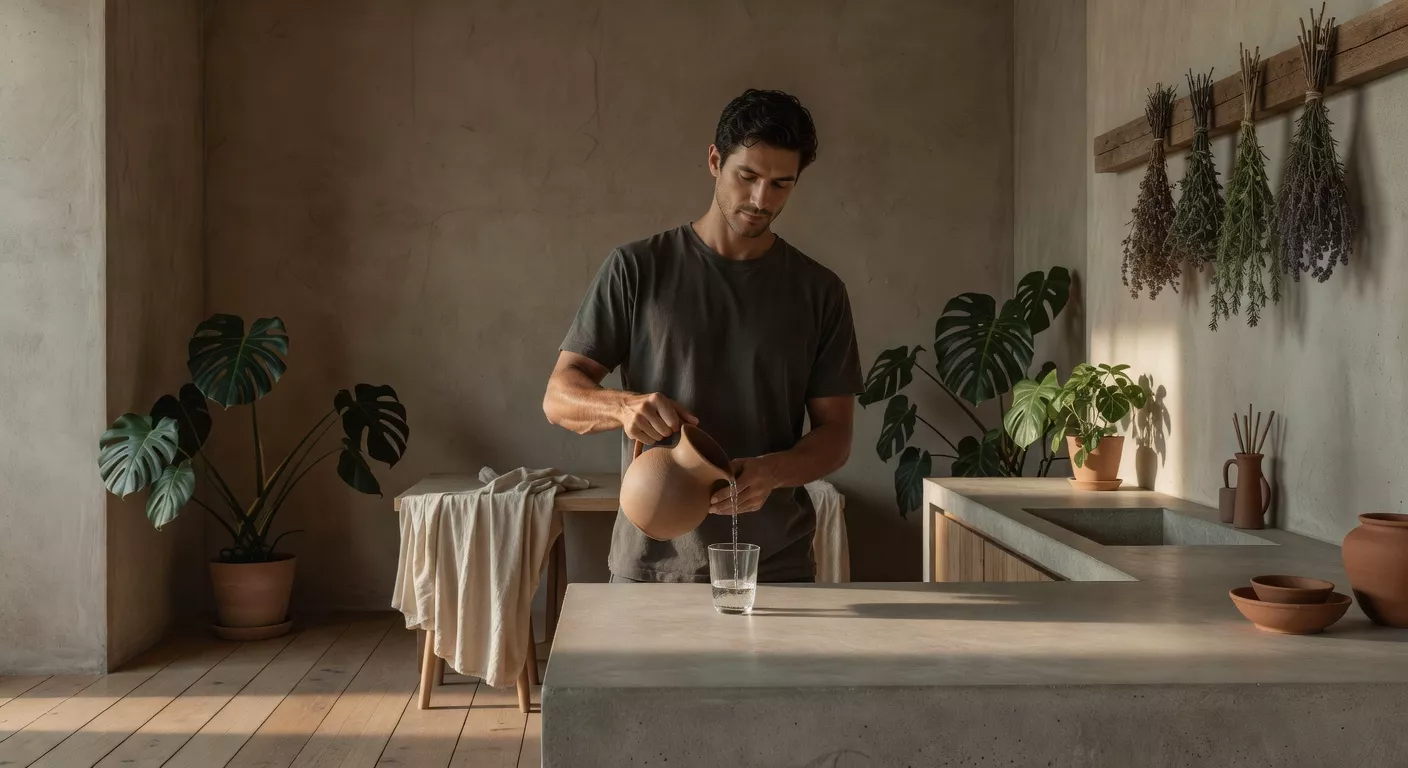 Persona en un espacio minimalista con luz natural y materiales cálidos