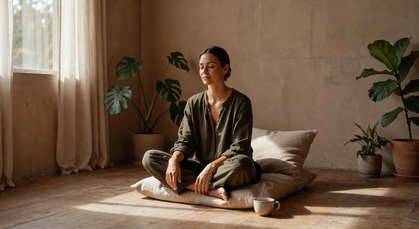 Persona en un espacio cálido y minimalista disfrutando un momento de relajación