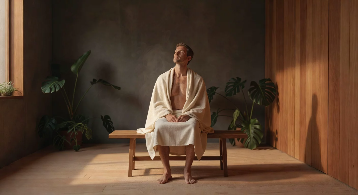 Persona relajándose en un ambiente cálido con luz natural y materiales de madera