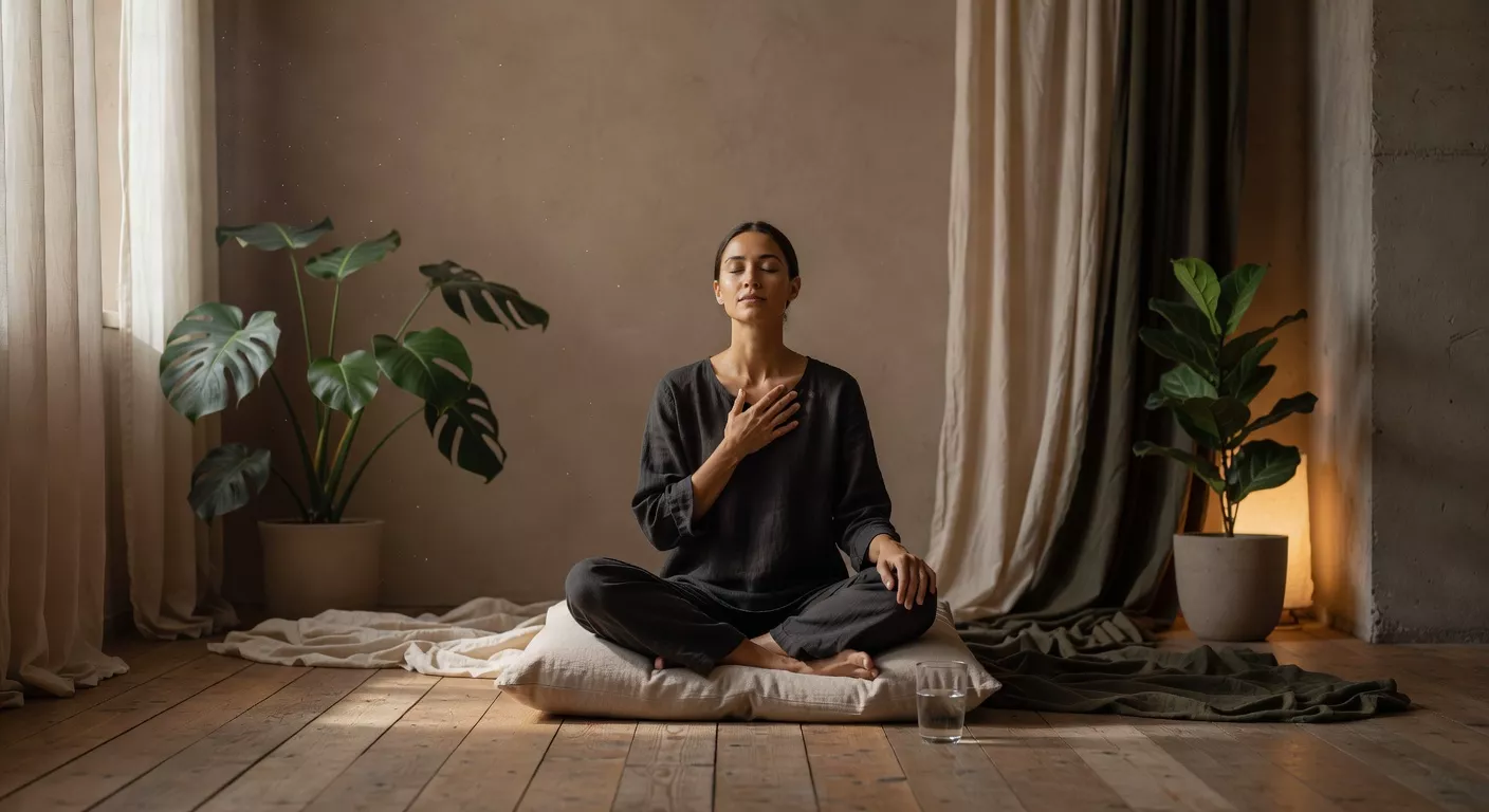 Persona en un ambiente sereno con luz cálida natural y plantas, descansando con calma