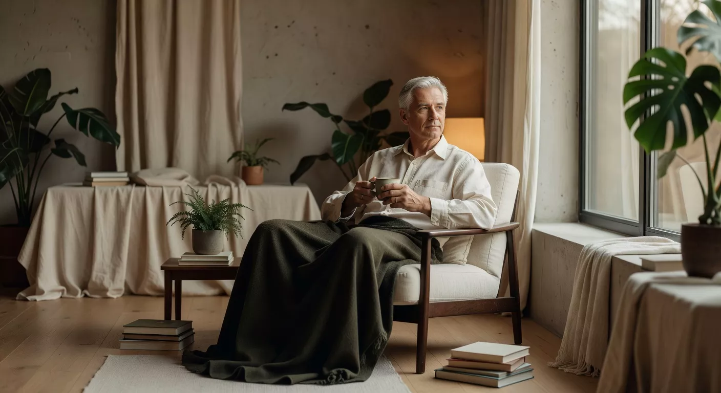 Persona mayor en un ambiente cálido y luminoso con plantas y materiales naturales