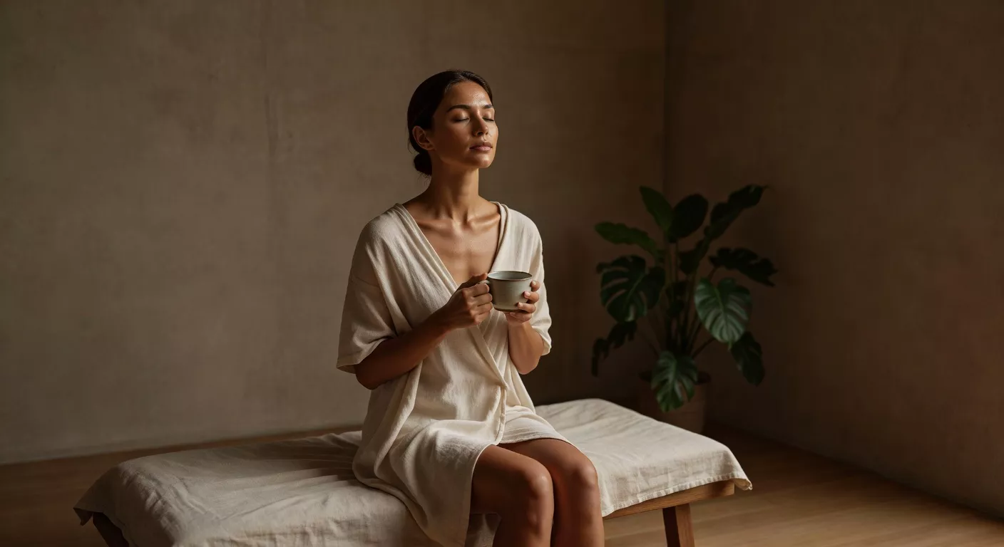 Persona relajada en un ambiente cálido con luz natural y materiales orgánicos