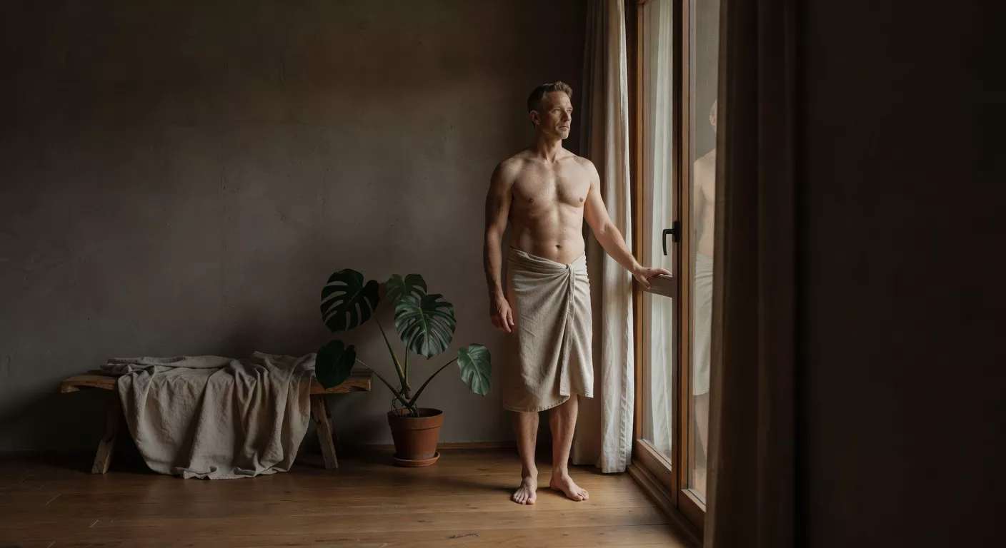 Persona en un espacio luminoso y minimalista con plantas y texturas naturales