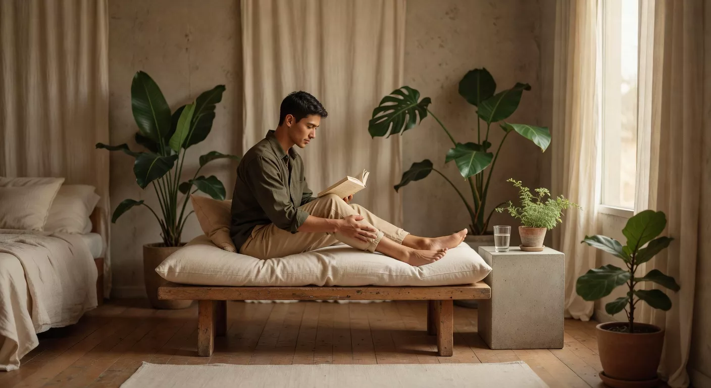 Persona descansando en un espacio luminoso con materiales naturales después de hacer ejercicio