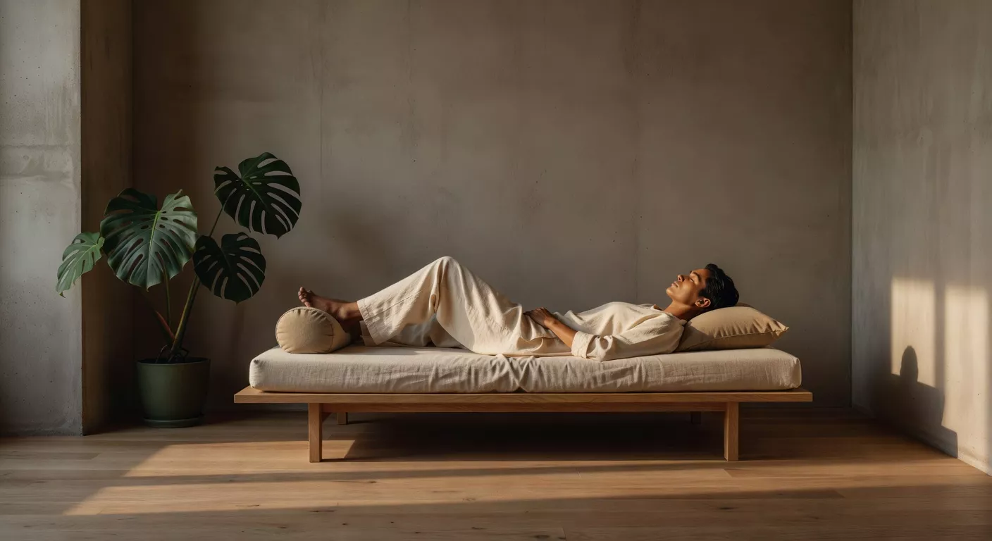 Persona en reposo en un ambiente sereno con luz natural y materiales orgánicos