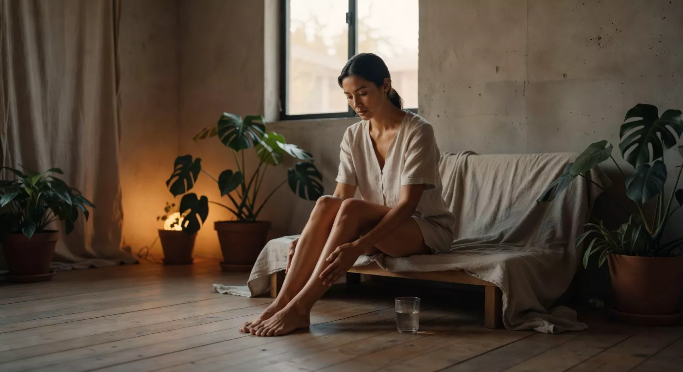 Mujer en reposo después de ejercicio en un ambiente sereno con luz natural