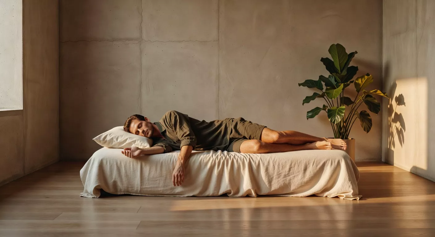 Hombre descansando en un espacio minimalista con luz dorada de tarde