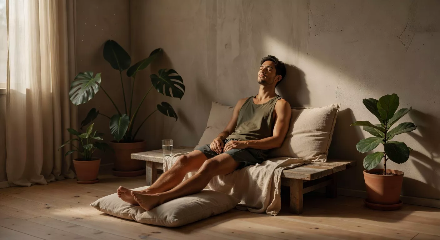 Corredor descansando en un espacio luminoso y minimalista después de entrenar