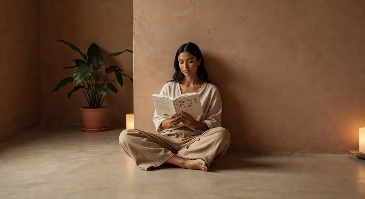 Mujer leyendo en un espacio cálido y minimalista con luz de tarde