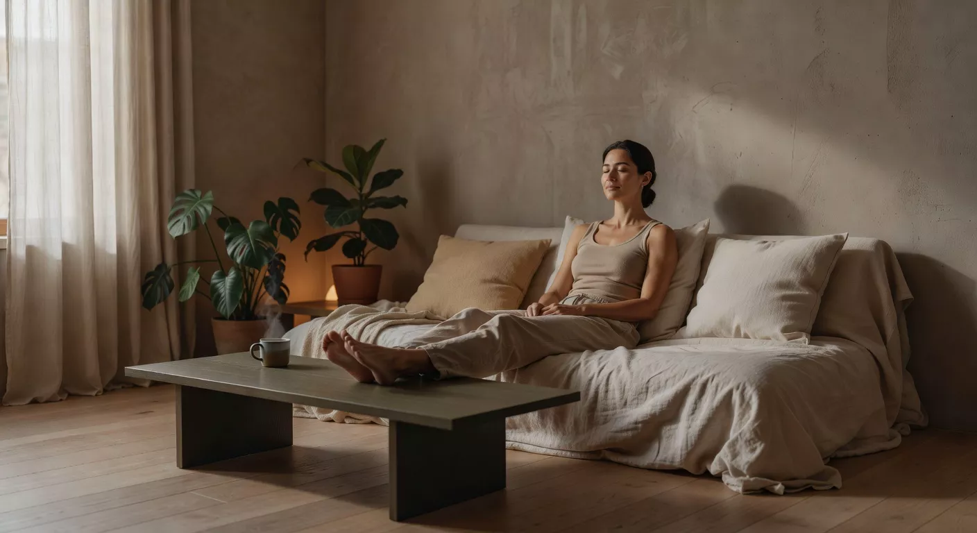 Mujer descansando en un sofá con luz de tarde en un espacio minimalista