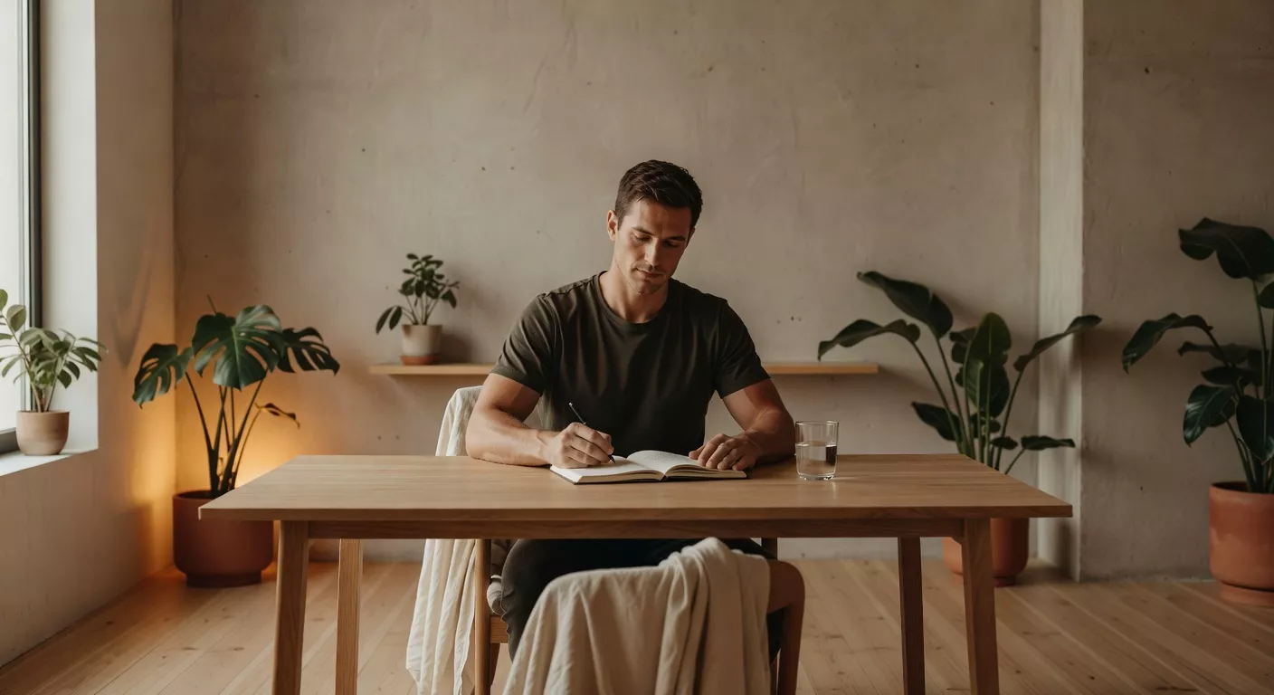 Hombre escribiendo en un diario en un escritorio minimalista con luz de mañana