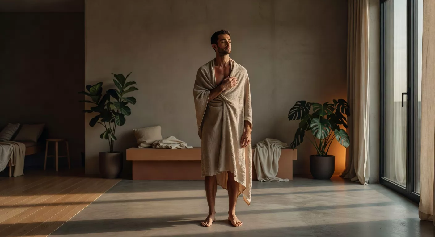 Hombre de pie junto a una ventana envuelto en una toalla de lino con luz de mañana