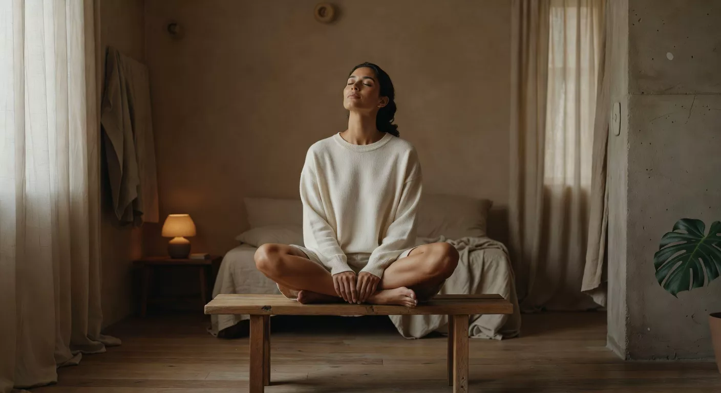 Mujer sentada en un banco de madera con los ojos cerrados en un living cálido con luz de tarde