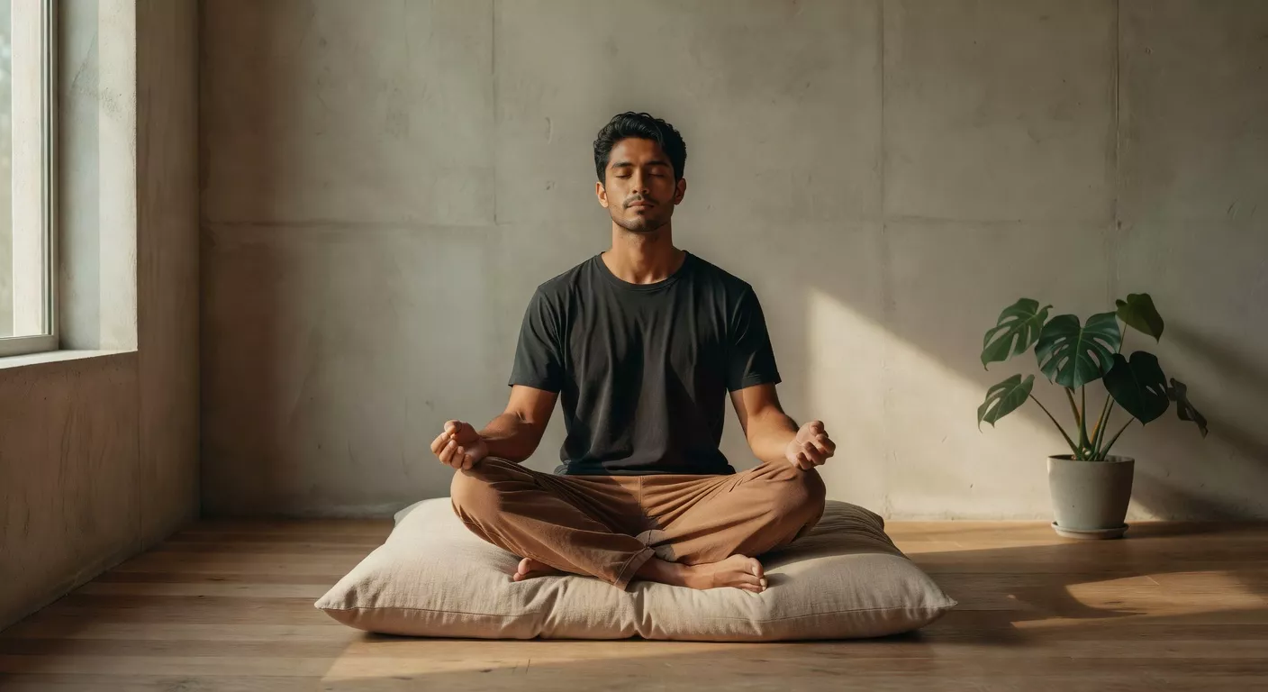 Hombre sentado en posición de meditación sobre un almohadón de lino en un living con luz natural de mañana