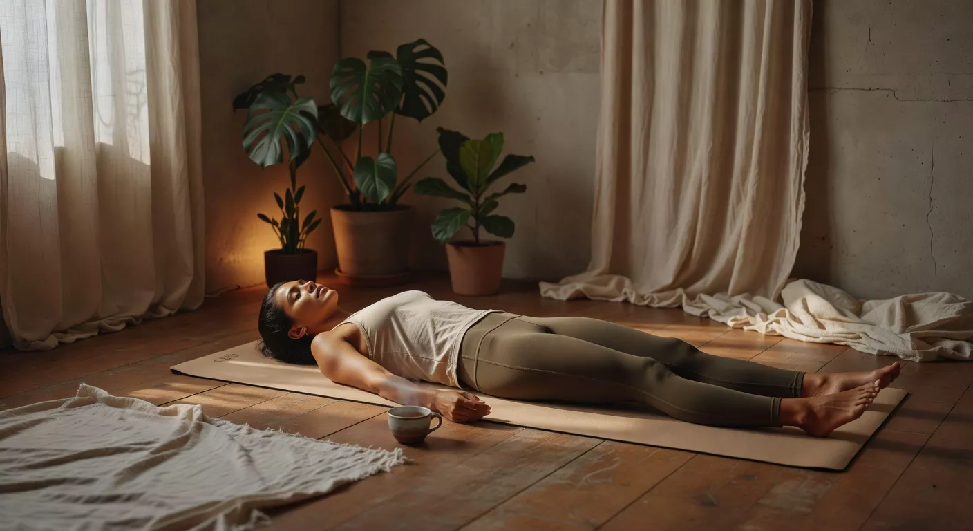 Mujer descansando en el suelo sobre una colchoneta de yoga en un espacio con luz de tarde y cortinas de lino