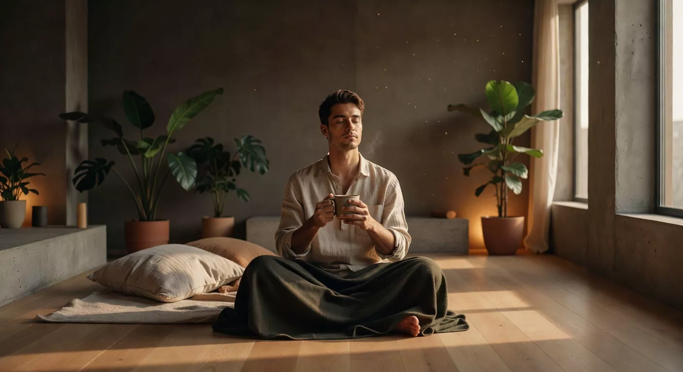 Hombre sentado en un sillón de lino junto a una ventana con luz natural de mañana, sosteniendo una taza de cerámica con ambas manos