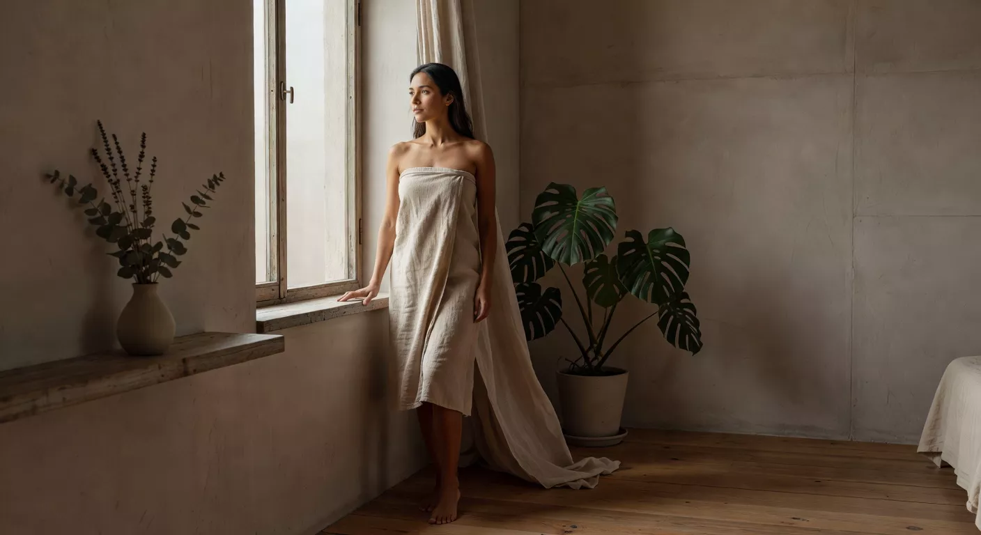 Mujer de pie junto a una ventana abierta con luz natural de mañana, envuelta en una toalla de lino color arena