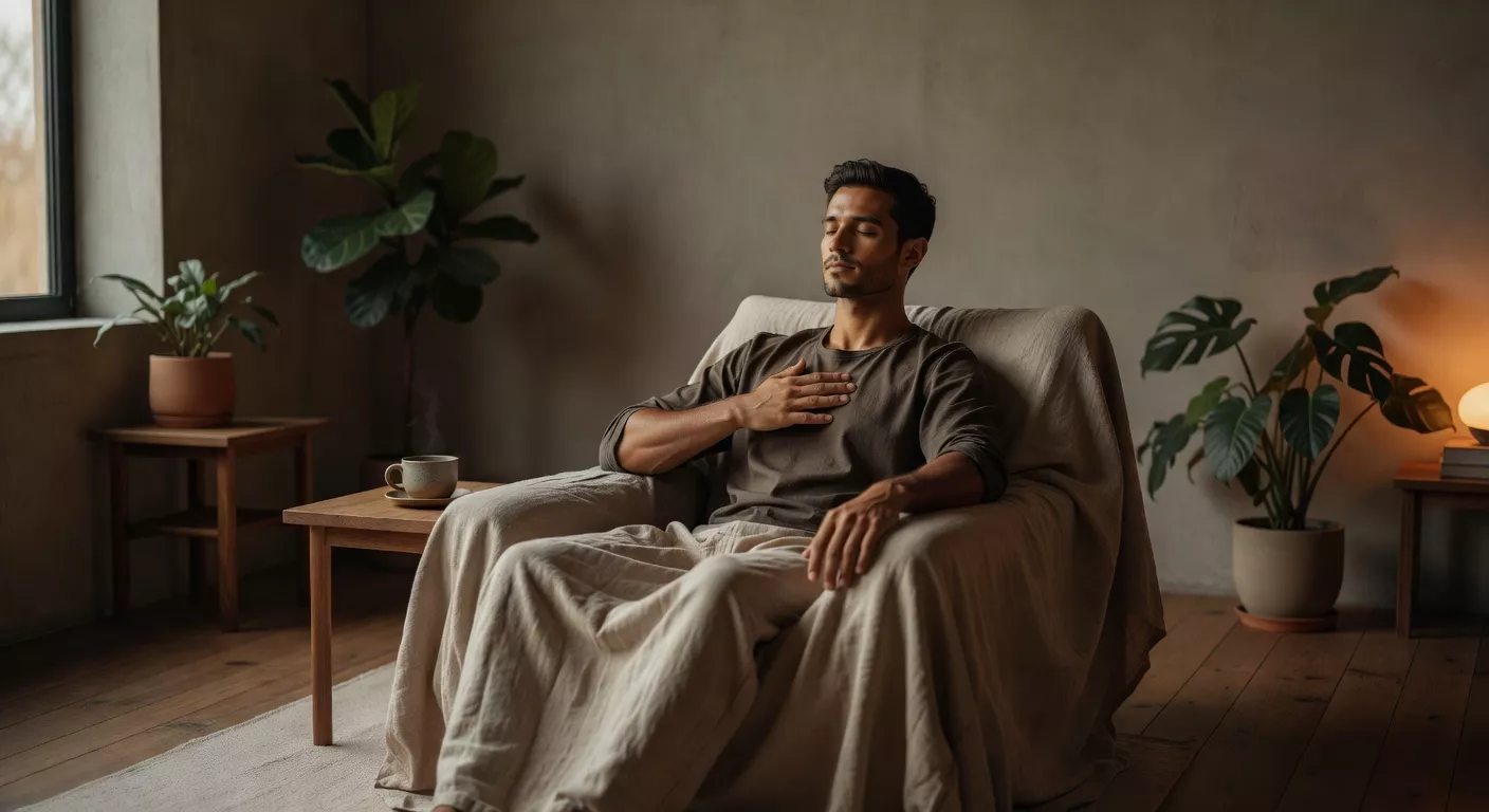 Hombre sentado en un sillón de lino beige junto a una ventana con luz natural suave, leyendo con expresión contemplativa