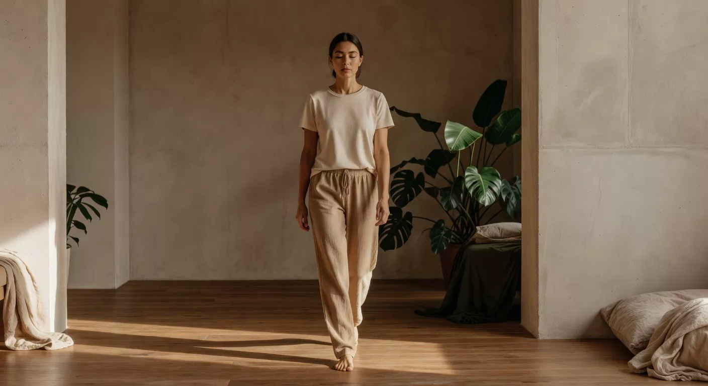 Mujer descalza caminando sobre piso de madera en un espacio minimalista con plantas y luz cálida lateral