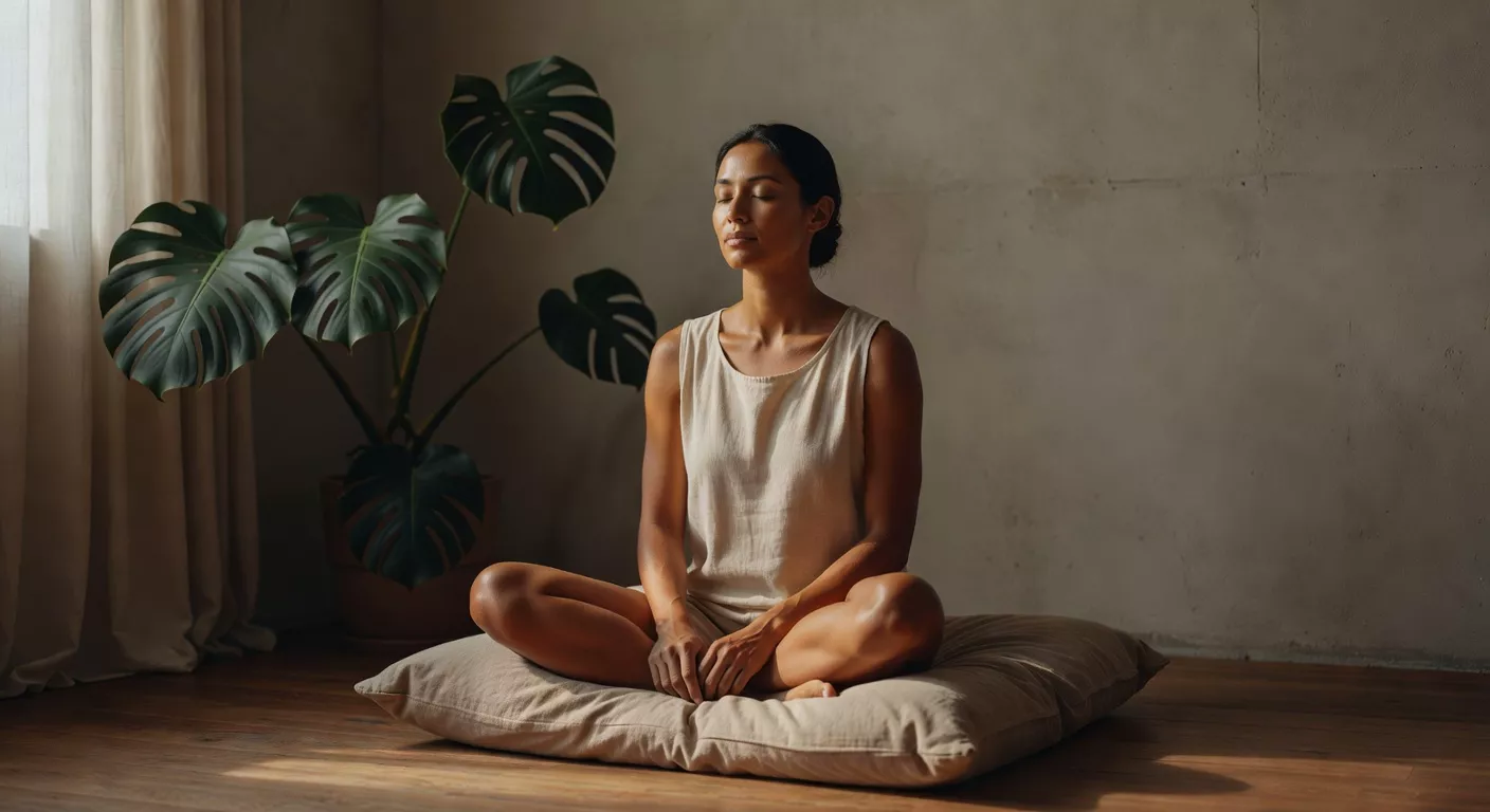 Mujer sentada en el suelo sobre un cojín de lino con luz cálida iluminando su rostro en un espacio minimalista con plantas
