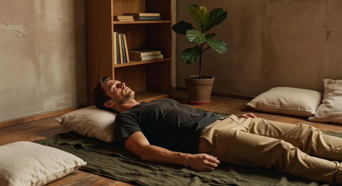 Hombre recostado sobre un mat de lino oscuro en una habitación con luz ámbar cálida y estantería de madera