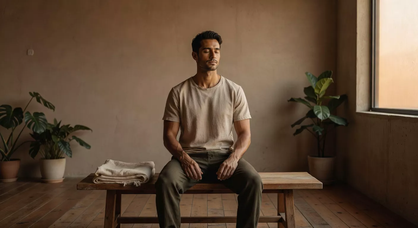 Hombre sentado en un banco de madera después de entrenar, ojos cerrados, descansando en una habitación con luz cálida de tarde