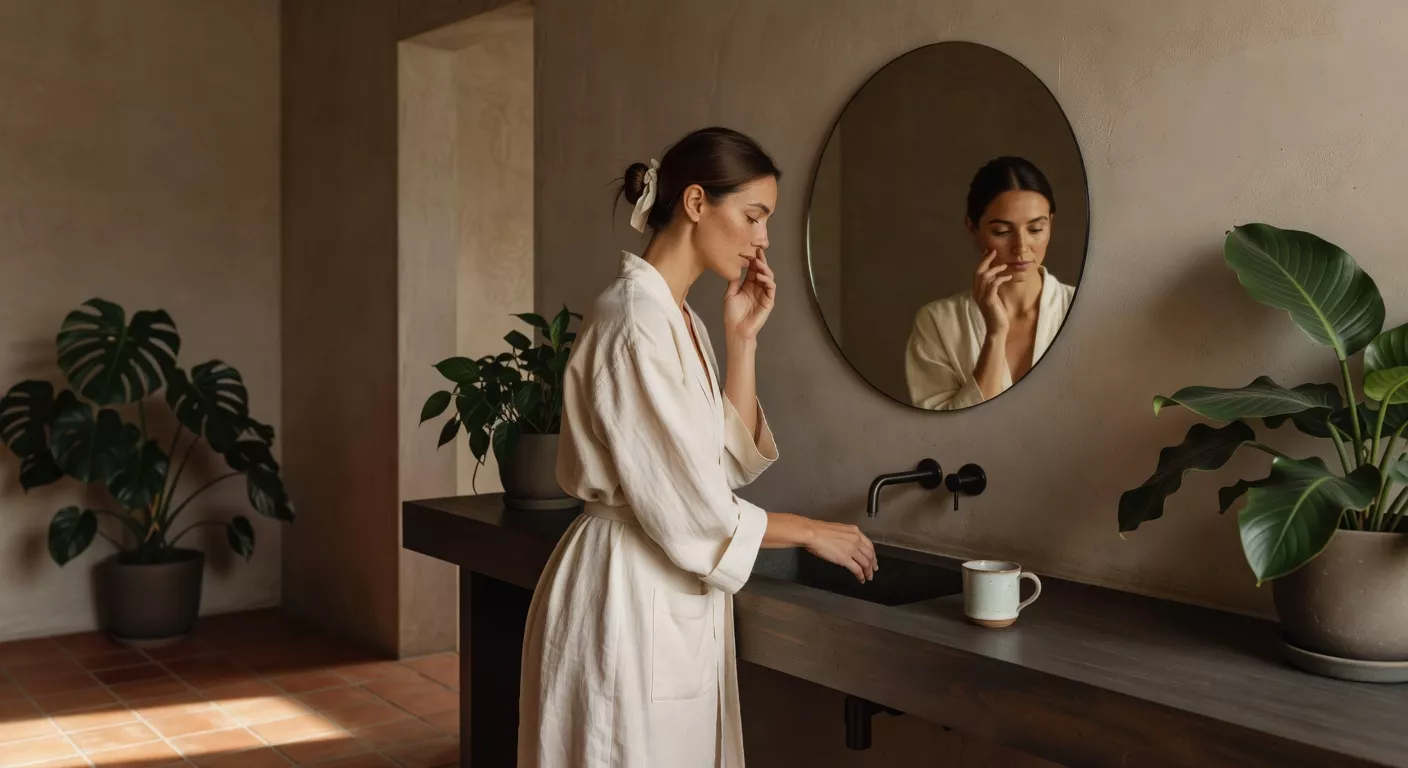 Mujer joven tocándose suavemente el rostro frente a un espejo redondo en un baño minimalista con luz cálida de mañana