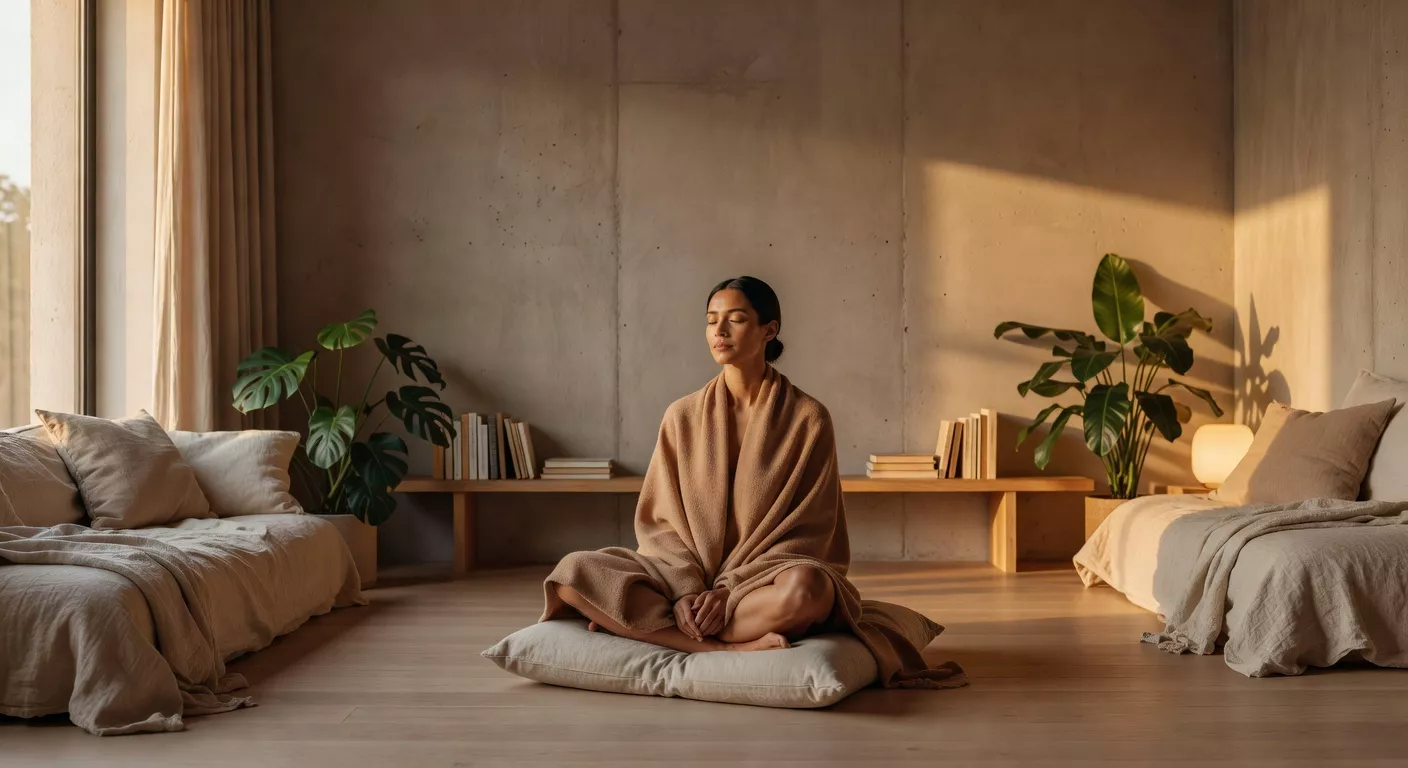 Mujer sentada en un cojín de lino en un salón minimalista con luz dorada de mañana filtrándose por ventanales