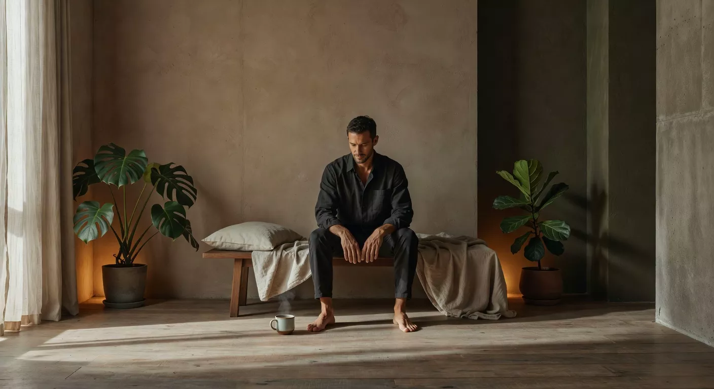 Hombre descansando en un banco de madera bajo en una habitación con paredes de concreto y luz de tarde filtrándose por cortinas