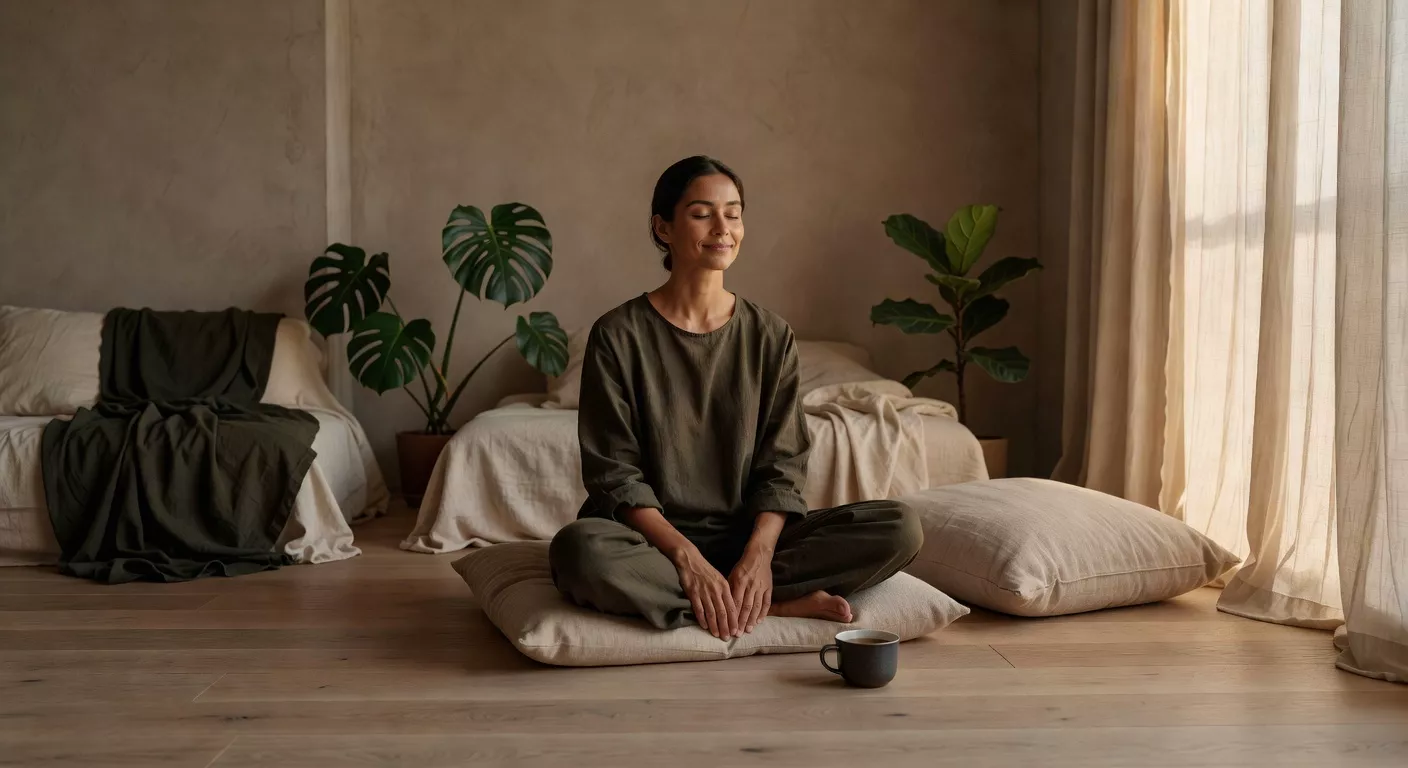 Mujer sentada en un cojín de lino junto a una ventana en una sala minimalista, ojos cerrados, bañada en luz cálida de tarde