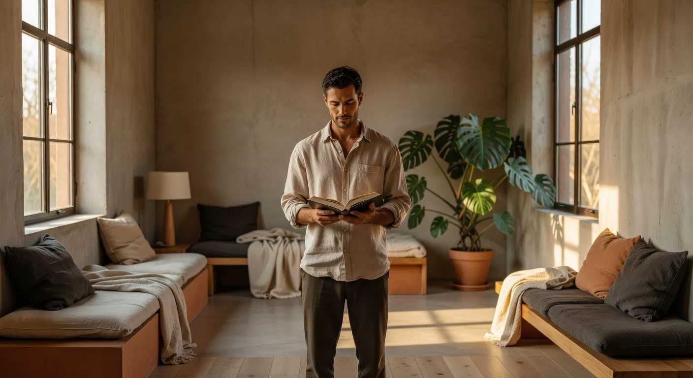 Hombre con camisa de lino en una habitación luminosa con ventanales altos, mirando un libro con expresión reflexiva